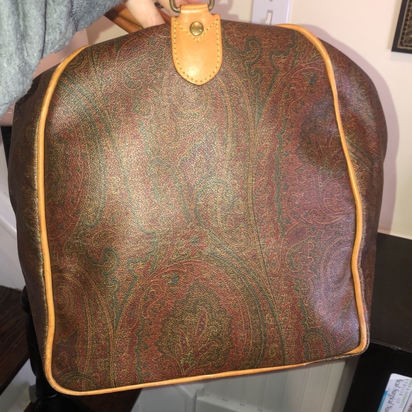 M ETRO MILANO Paisley Coated Canvas Vachetta Leather Boston Travel Bag 60 - Picture 5 of 14